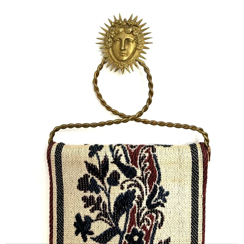 Vintage Floral Needlepoint Bell Pull‎ Tapestry w/ Brass Toned Face in Sun Accent